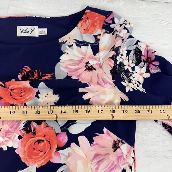 Eliza J Floral Print Shift Dress 12 Navy Blue Pink Bell Sleeve Wedding Guest - Picture 11 of 15